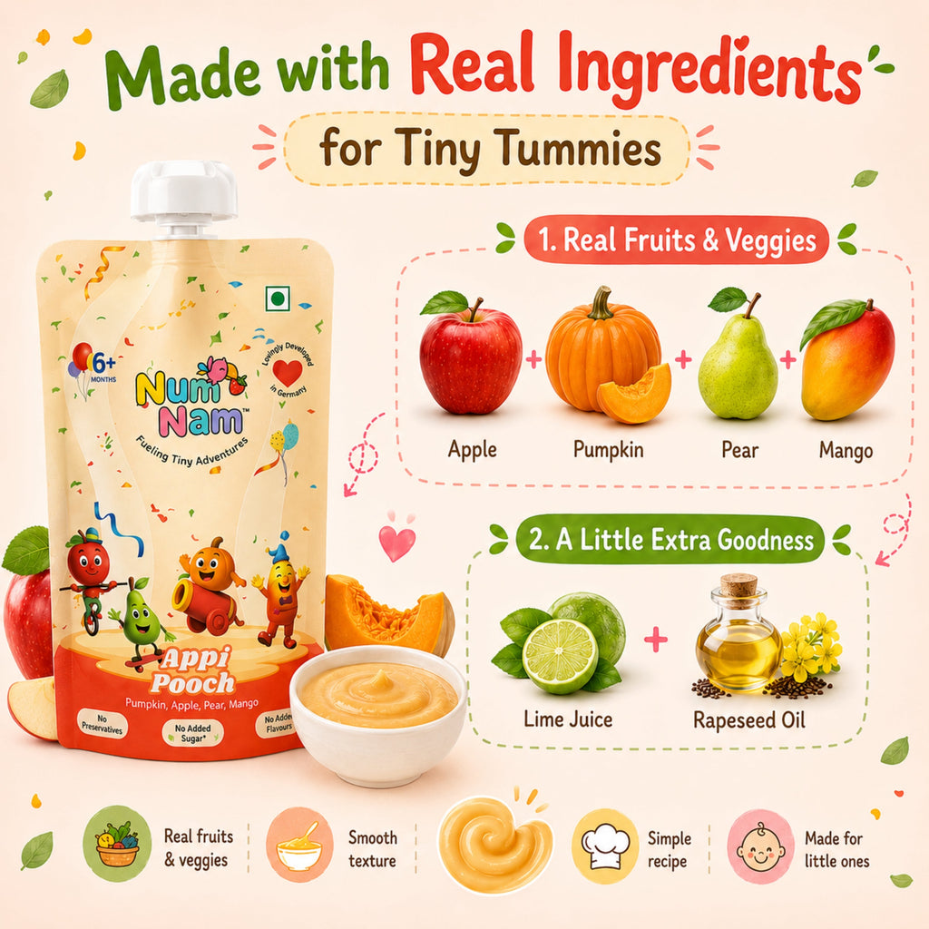 A stand-up pouch of Num Nam baby food on a light peach background with marketing text and ingredient callouts. The pouch is cream-colored with colorful cartoon characters and fruit imagery, and the top label reads 'Made with Real Ingredients for Tiny Tummies.