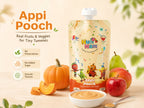 Appi Pooch Num Nam pouch with fruits and a bowl of the product on a light background