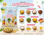 A retail package of Num Nam Cheezy Bubbles snack mix shown alongside ingredient callouts and product benefits on a white background. The package is predominantly white and blue with cartoon characters and the product name 'Cheezy Bubbles' in large pink lettering.