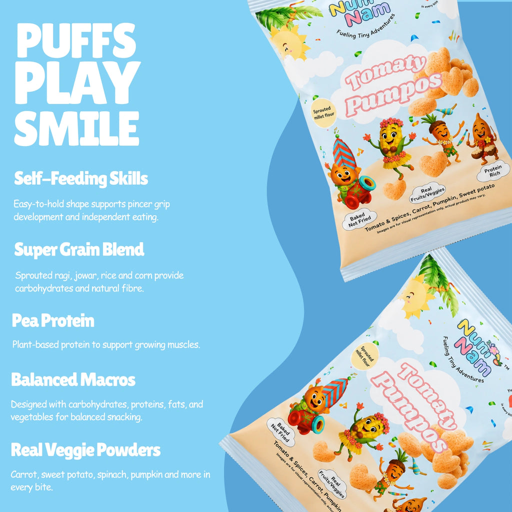 Two Num Nam Tomaty Pumpos puff snack bags — Puffs Play Smile: Self-Feeding Skills, Super Grain Blend, Pea Protein, Balanced Macros, Real Veggie Powders