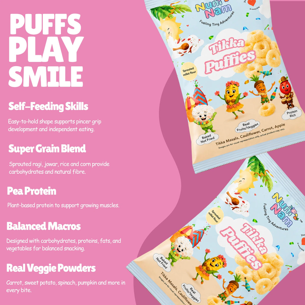 Two Num Nam Tikka Puffies puff snack bags — Puffs Play Smile: Self-Feeding Skills, Super Grain Blend, Pea Protein, Balanced Macros, Real Veggie Powders