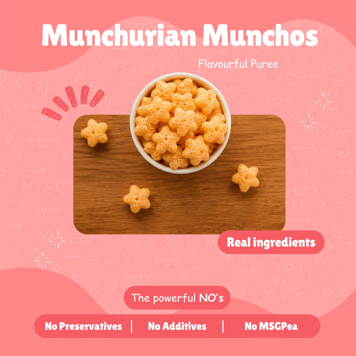 Bowl of Manchurian Munchos baked millet puff snacks on a wooden board — Real Ingredients, No Preservatives, No Additives, No MSG