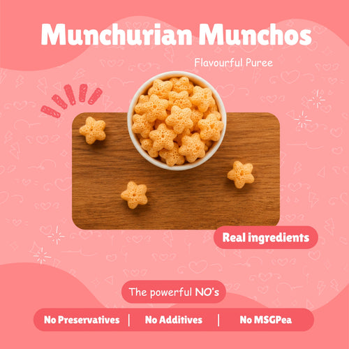 Bowl of Manchurian Munchos baked millet puff snacks on a wooden board — Real Ingredients, No Preservatives, No Additives, No MSG