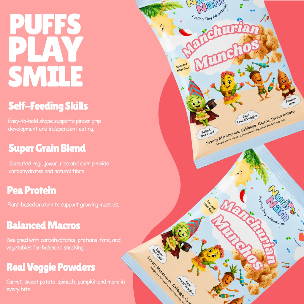 Two Num Nam Manchurian Munchos puff snack bags — Puffs Play Smile: Self-Feeding Skills, Super Grain Blend, Pea Protein, Balanced Macros, Real Veggie Powders