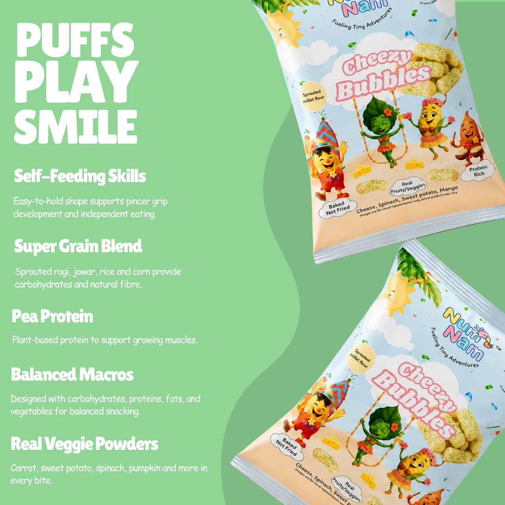 Two Num Nam Cheezy Bubbles puff snack bags on green background — Puffs Play Smile: Self-Feeding Skills, Super Grain Blend, Pea Protein, Balanced Macros, Real Veggie Powders