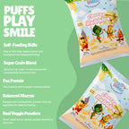 Two Num Nam Cheezy Bubbles puff snack bags on green background — Puffs Play Smile: Self-Feeding Skills, Super Grain Blend, Pea Protein, Balanced Macros, Real Veggie Powders