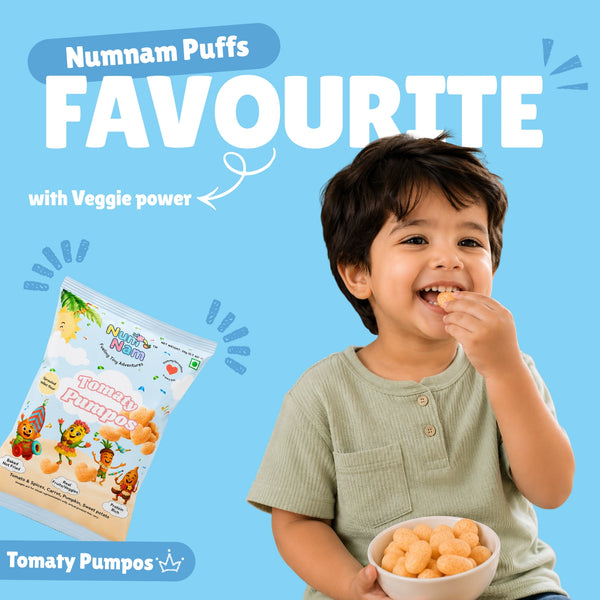 Happy toddler eating Tomaty Pumpos baked puff snacks with Num Nam Tomaty Pumpos bag and Numnam Puffs Favourite banner