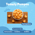 Bowl of Tomaty Pumpos baked millet puff snacks on a wooden board — Real Ingredients, No Preservatives, No Additives, No MSG