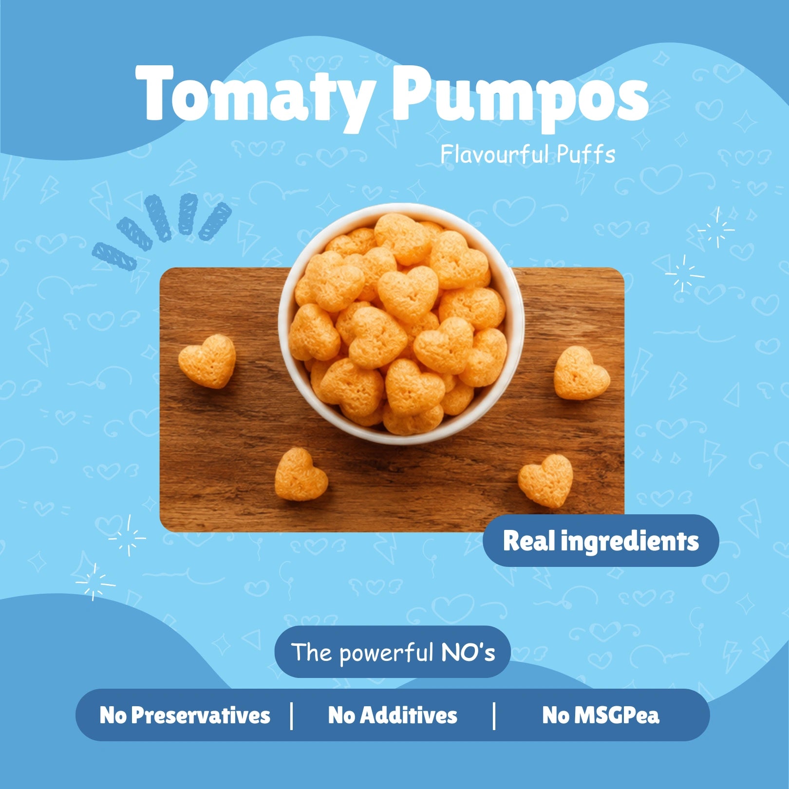 Bowl of Tomaty Pumpos baked millet puff snacks on a wooden board — Real Ingredients, No Preservatives, No Additives, No MSG