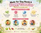 A colorful promotional infographic for NumNam snacks, featuring the headline 'Made for Tiny Hands & Happy Tummies' and sections explaining why moms choose NumNam: wholesome nutrition, clean and safe, easy to digest, and kids love the taste. The design includes cartoon children, vegetables, and snack illustrations on a light pastel background.