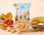 Num Nam Tomaty Pumpos packaging with snacks and ingredients on a beige background