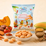 Num Nam Tomaty Pumpos packaging with snacks and ingredients on a beige background