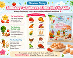 Product packaging for Tomatoey Pumpos with colorful graphics and text about its ingredients and benefits.