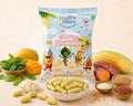 Num Nam Cheezy Bubbles snack packaging with ingredients on a beige background
