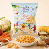 Num Nam Tikka Puffies packaging with puffed rings, vegetables and spices on a light background
